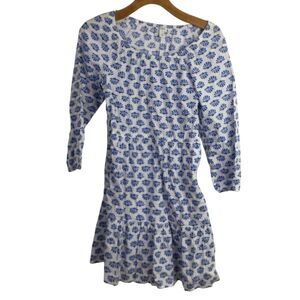 J. Crew women's Mini Dress Scoop-Neck Puff Sleeve Geometric White Blue Size 2